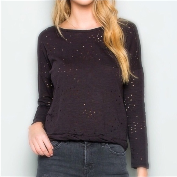 Wasabi + Mint Tops - Wasabi + Mint Distressed Long Sleeve Cotton Tee S